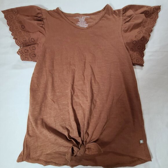 Lucky Brand Rust V-Neck Tie Waist Tee Eyelet Sleeves Size M 8-10 Boho Chic - Picture 1 of 4